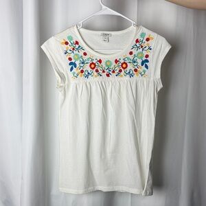 J. Crew Ivory Tee with Colorful Floral Embroidery